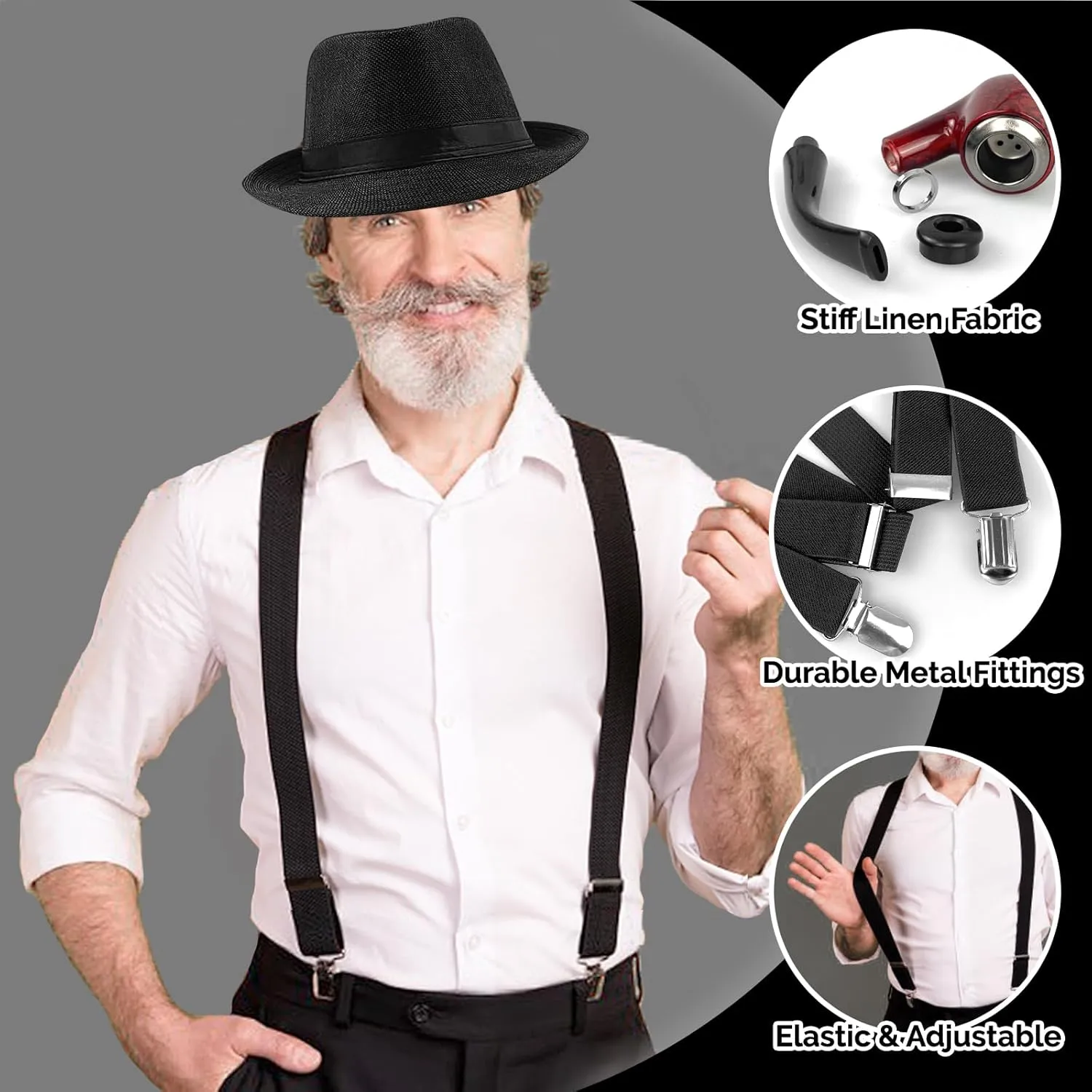 1920s Mens Costume Accessories Set for Adult, Roaring Retro 20s Gatsby Gangster Costume Outfit with Vest Fedora Hat