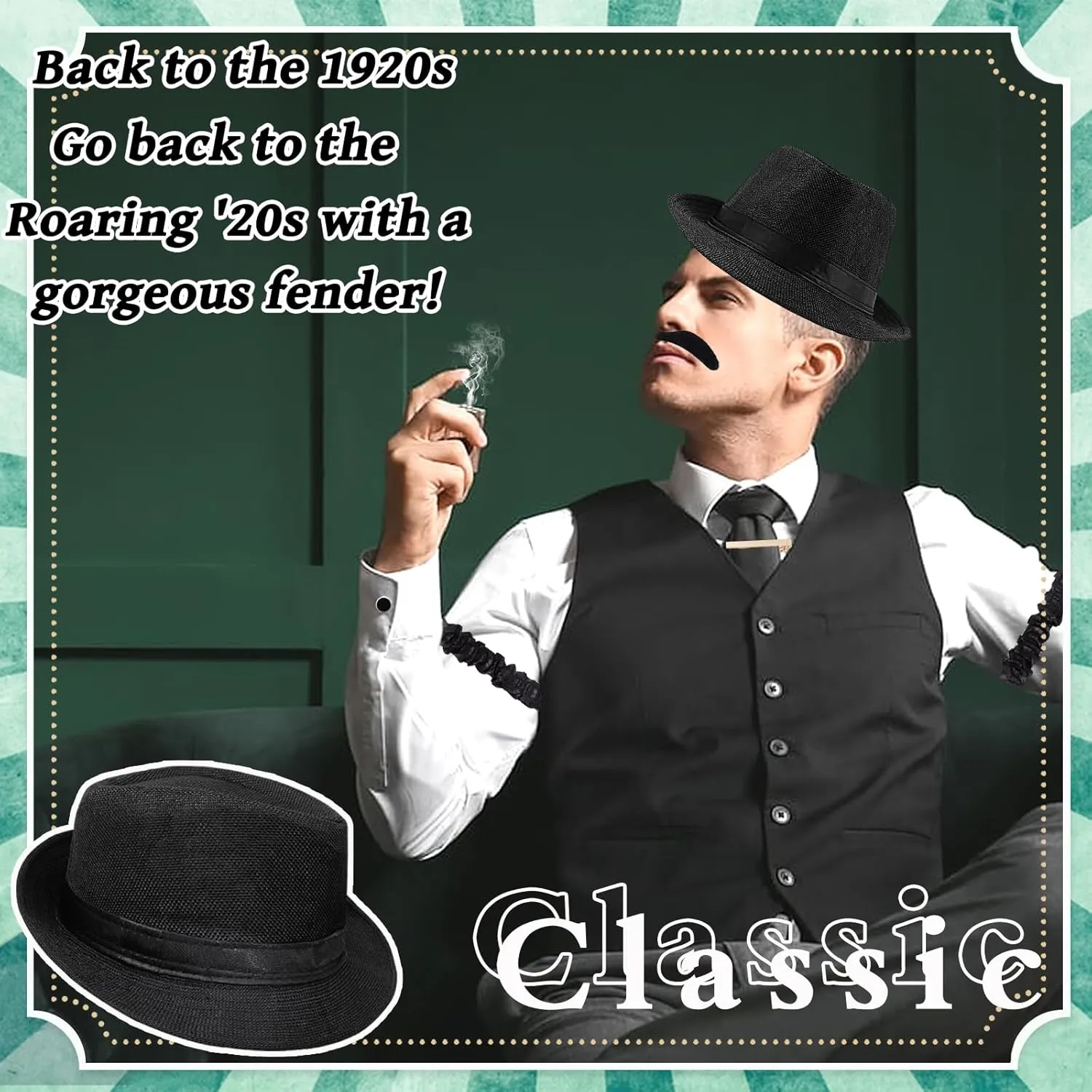 1920s Mens Costume Accessories Set for Adult, Roaring Retro 20s Gatsby Gangster Costume Outfit with Vest Fedora Hat