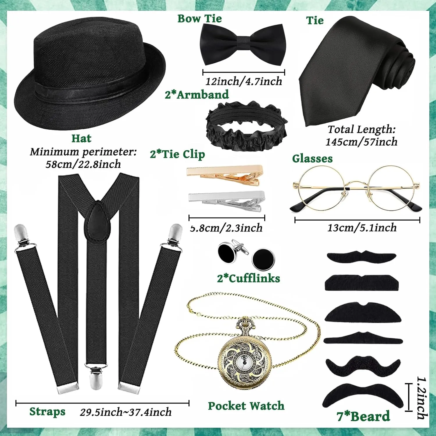 1920s Mens Costume Accessories Set for Adult, Roaring Retro 20s Gatsby Gangster Costume Outfit with Vest Fedora Hat