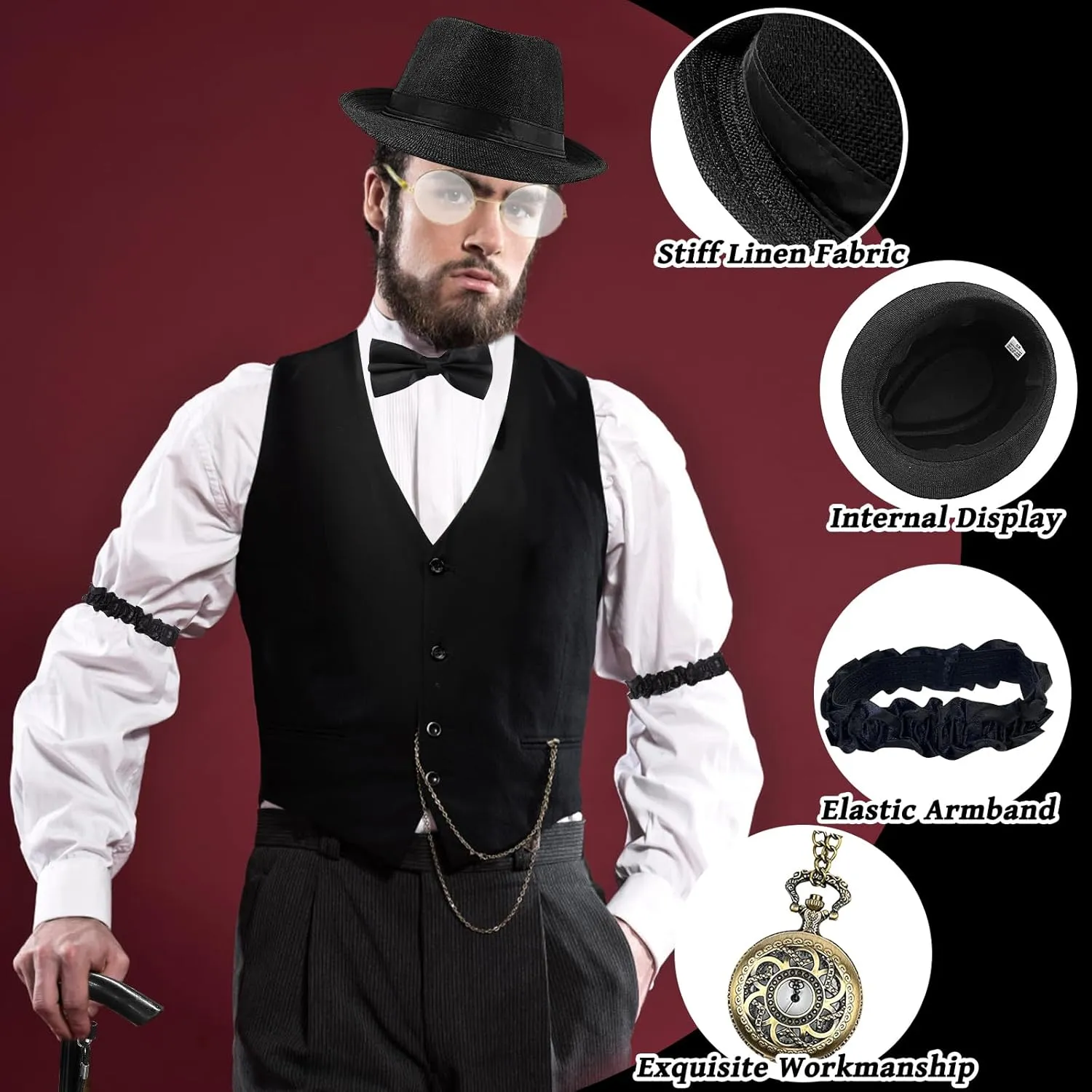 1920s Mens Costume Accessories Set for Adult, Roaring Retro 20s Gatsby Gangster Costume Outfit with Vest Fedora Hat