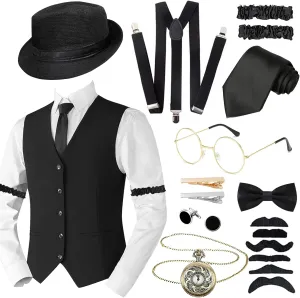 1920s Mens Costume Accessories Set for Adult, Roaring Retro 20s Gatsby Gangster Costume Outfit with Vest Fedora Hat