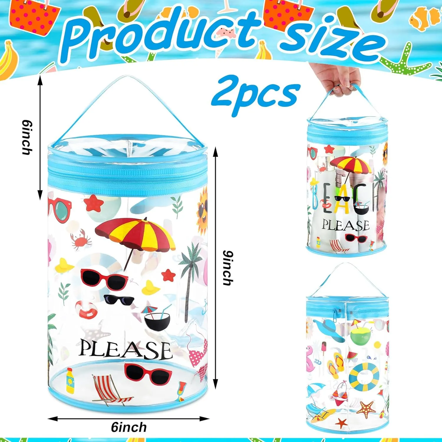 2 Pcs Clear Beach Lotion Bag Toiletry Pouch Beach Ocean Gifts Travel Makeup Cylinder Waterproof Portable Cosmetic Bag for Women Girl Sunscreen Hawaiian Party Favor with Handle Zipper