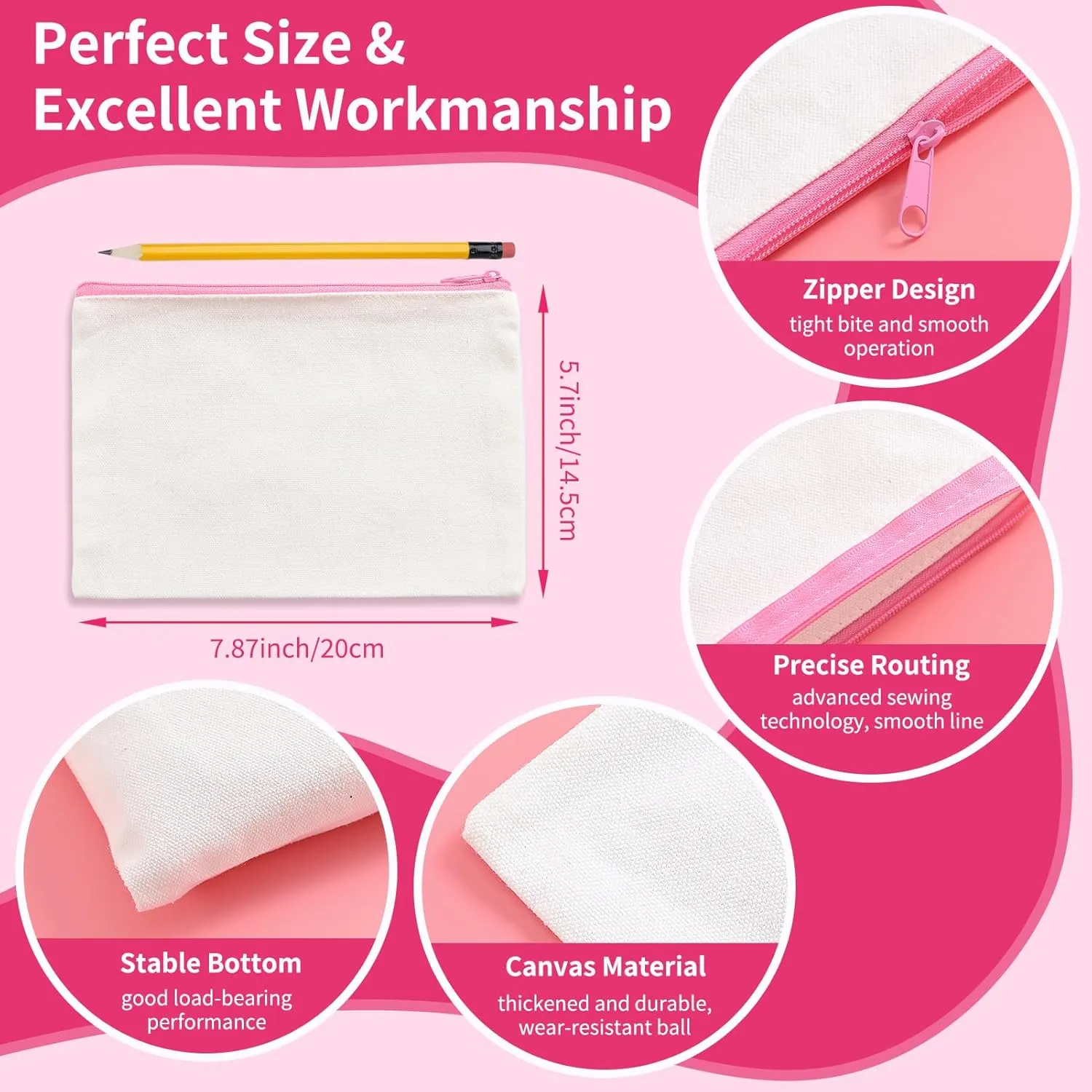 24Pcs Canvas Makeup Bags Bulk, 7.87 x 5.7 Inch Cotton Sublimation Blank DIY Heat Transfer Cosmetic Bag w/Colorful Zipper for Bridesmaid Makeup Bag Travel Toiletry Pouch Storage