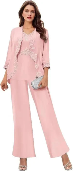 3 Pcs Mother of The Bride Pantsuits for Wedding Chiffon Formal Pant Suits Lace Evening Jumpsuits with Jackets