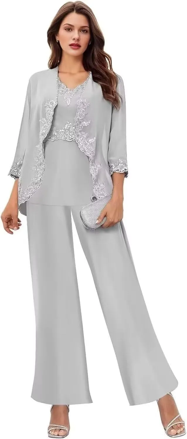 3 Pcs Mother of The Bride Pantsuits for Wedding Chiffon Formal Pant Suits Lace Evening Jumpsuits with Jackets