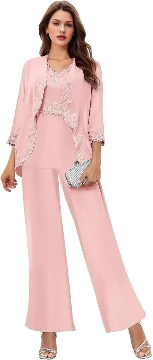 3 Pcs Mother of The Bride Pantsuits for Wedding Chiffon Formal Pant Suits Lace Evening Jumpsuits with Jackets