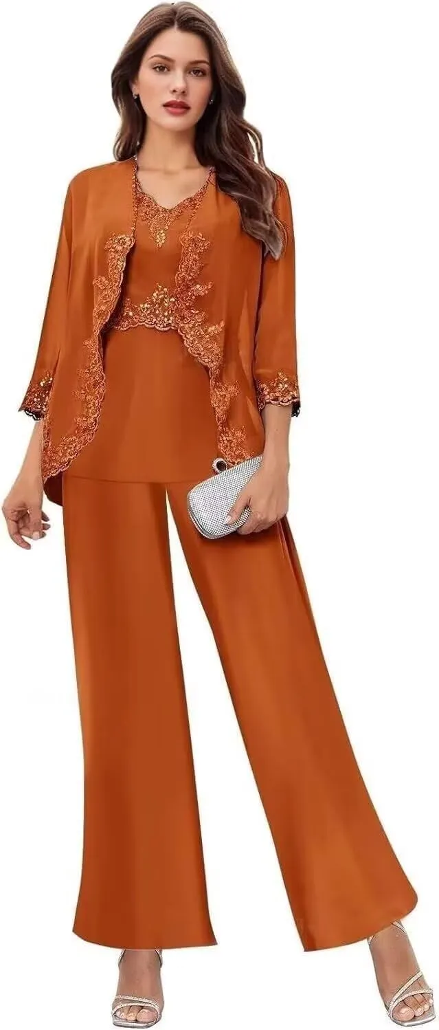 3 Pcs Mother of The Bride Pantsuits for Wedding Chiffon Formal Pant Suits Lace Evening Jumpsuits with Jackets