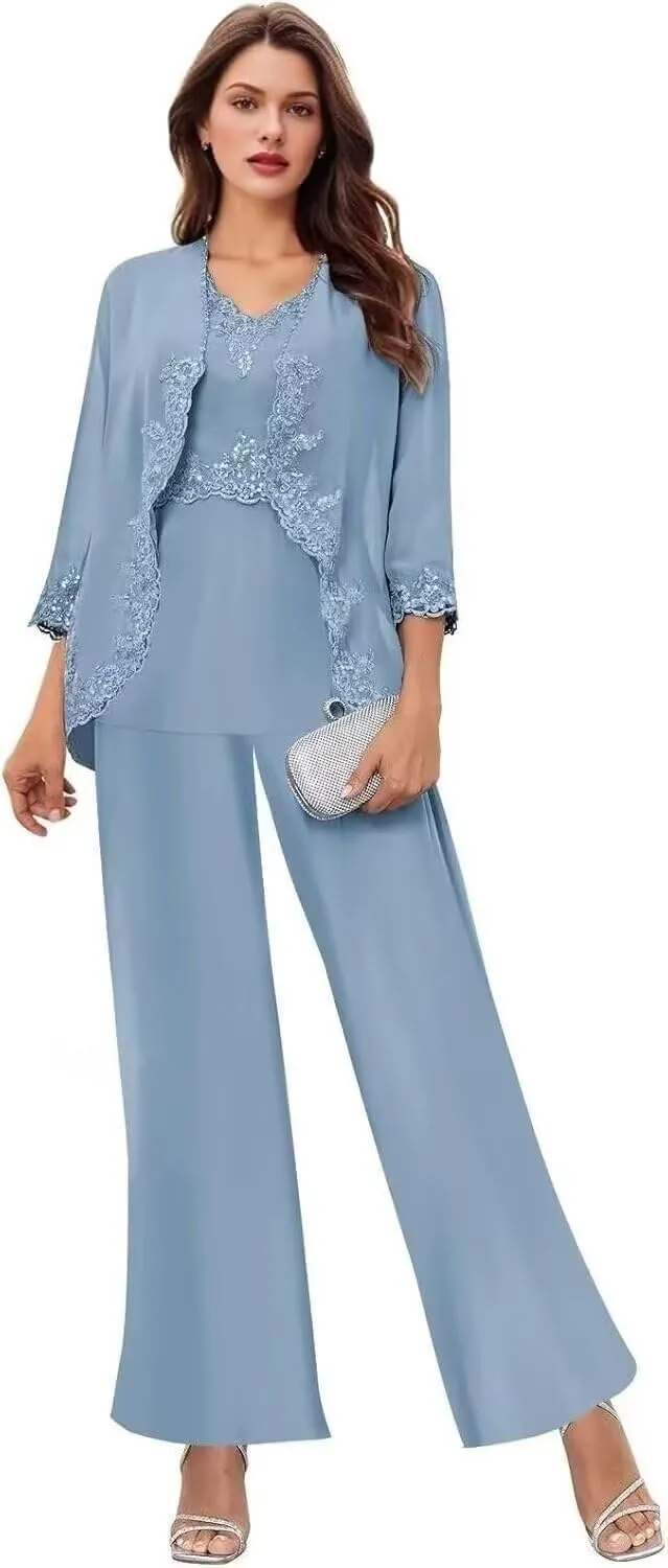 3 Pcs Mother of The Bride Pantsuits for Wedding Chiffon Formal Pant Suits Lace Evening Jumpsuits with Jackets