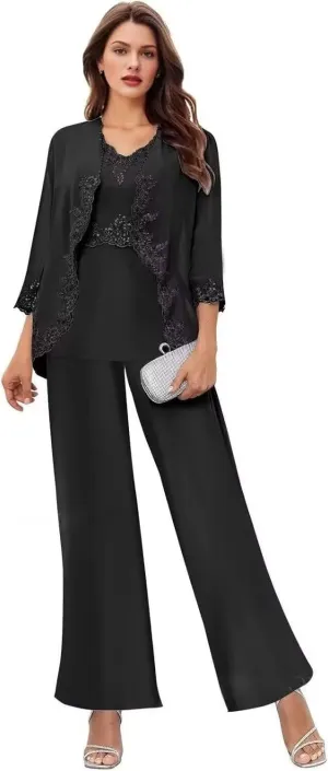 3 Pcs Mother of The Bride Pantsuits for Wedding Chiffon Formal Pant Suits Lace Evening Jumpsuits with Jackets