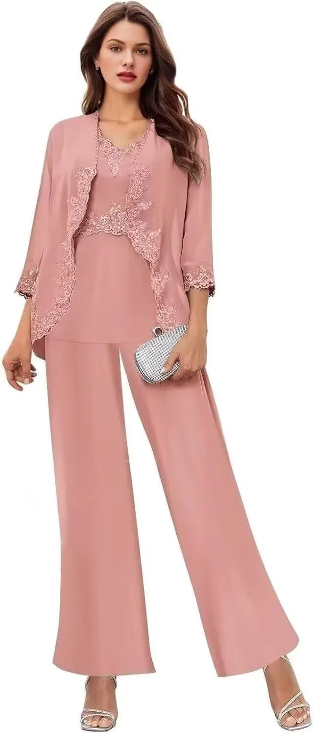 3 Pcs Mother of The Bride Pantsuits for Wedding Chiffon Formal Pant Suits Lace Evening Jumpsuits with Jackets