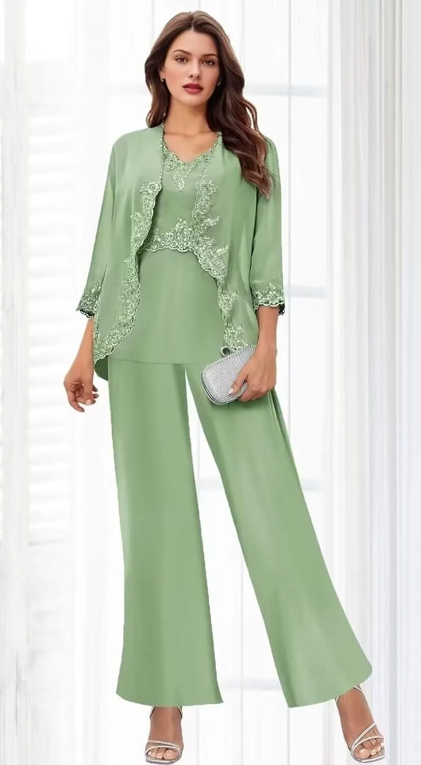 3 Pcs Mother of The Bride Pantsuits for Wedding Chiffon Formal Pant Suits Lace Evening Jumpsuits with Jackets