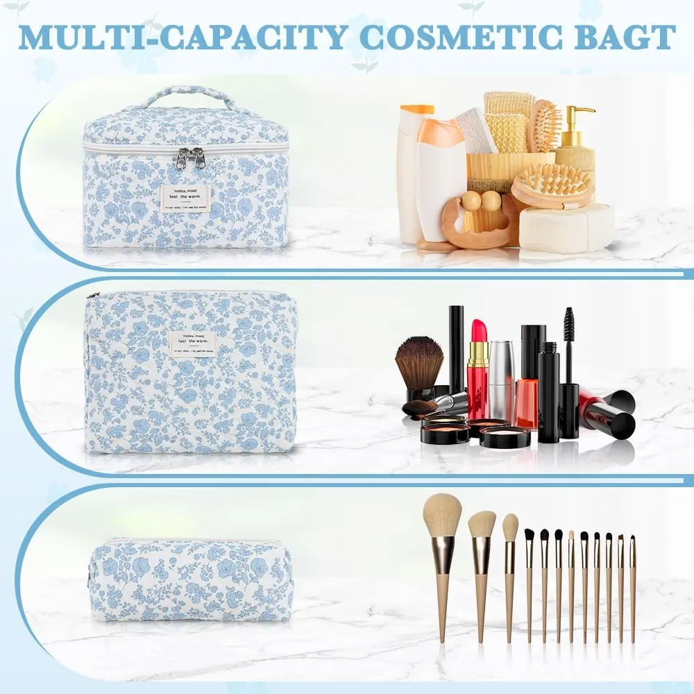 3Pcs Cotton Quilted Makeup Bag Set,Large Floral Cosmetic BagAesthetic Toiletry Travel Makeup Bag Set and Cute Flower Bag for Women Girls (Blue White Flower)