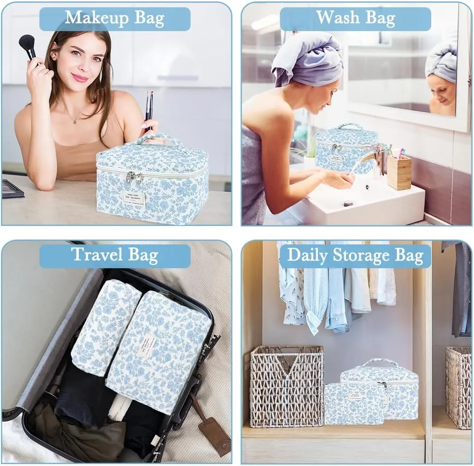 3Pcs Cotton Quilted Makeup Bag Set,Large Floral Cosmetic BagAesthetic Toiletry Travel Makeup Bag Set and Cute Flower Bag for Women Girls (Blue White Flower)