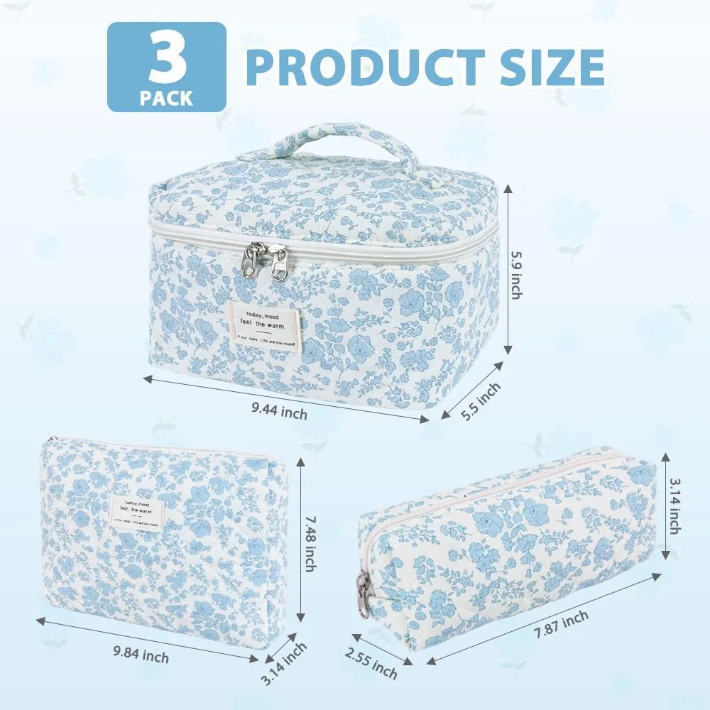 3Pcs Cotton Quilted Makeup Bag Set,Large Floral Cosmetic BagAesthetic Toiletry Travel Makeup Bag Set and Cute Flower Bag for Women Girls (Blue White Flower)