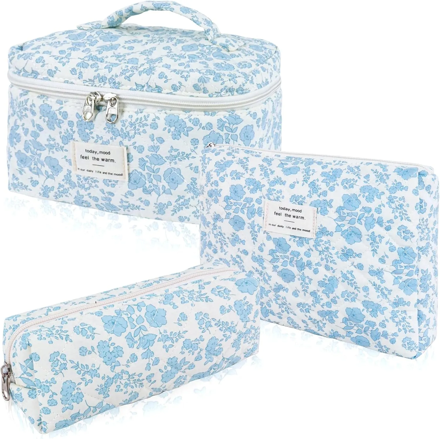 3Pcs Cotton Quilted Makeup Bag Set,Large Floral Cosmetic BagAesthetic Toiletry Travel Makeup Bag Set and Cute Flower Bag for Women Girls (Blue White Flower)