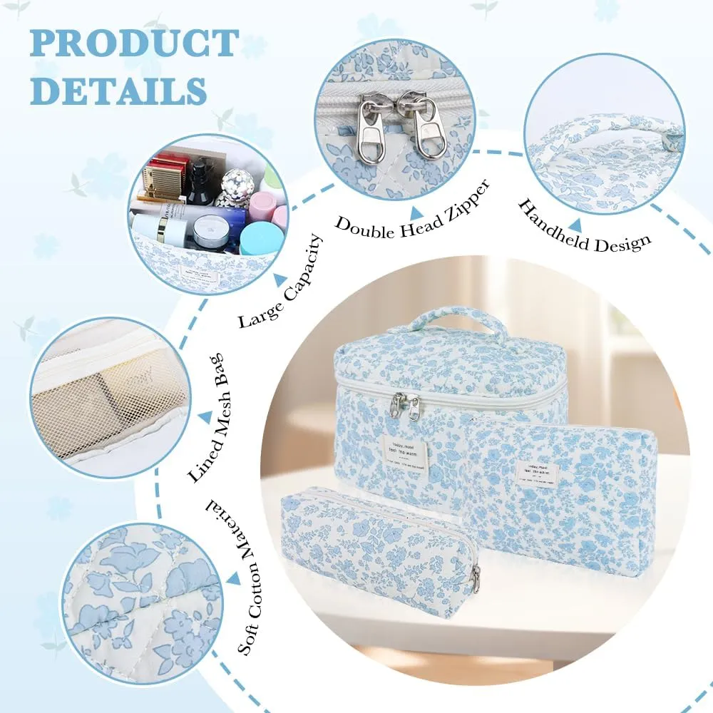 3Pcs Cotton Quilted Makeup Bag Set,Large Floral Cosmetic BagAesthetic Toiletry Travel Makeup Bag Set and Cute Flower Bag for Women Girls (Blue White Flower)