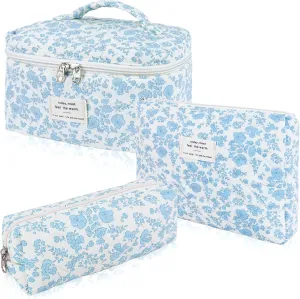 3Pcs Cotton Quilted Makeup Bag Set,Large Floral Cosmetic BagAesthetic Toiletry Travel Makeup Bag Set and Cute Flower Bag for Women Girls (Blue White Flower)