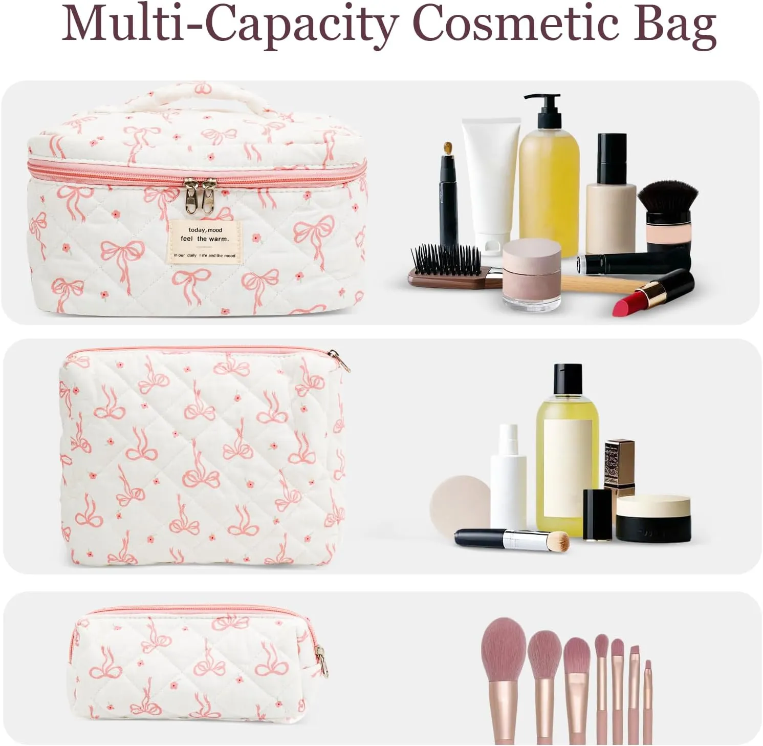 3Pcs Cotton Quilted Makeup Bag Set,Large Floral Cosmetic Bag,Aesthetic Toiletry Travel Makeup Bag Set and Cute Flower Bag for Women Girls (Flower Bow)