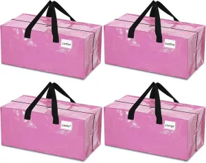 4 Pcs 24 Gallon Large Moving Bags with Zipper and Handles Foldable Storage Duffle Bags Heavy Duty Extra Large Totes for College Dorm Travel Clothes Blankets Bedding Moving (Pink)