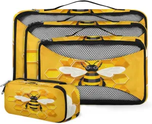 4 Set Packing Cubes for Suitcases, Travel Essentials for Carry on Luggage, Abstract Bee Suitcase Organizers for Clothes Shoes Toiletries Travel Accessories in 4 Sizes - Honey Bee