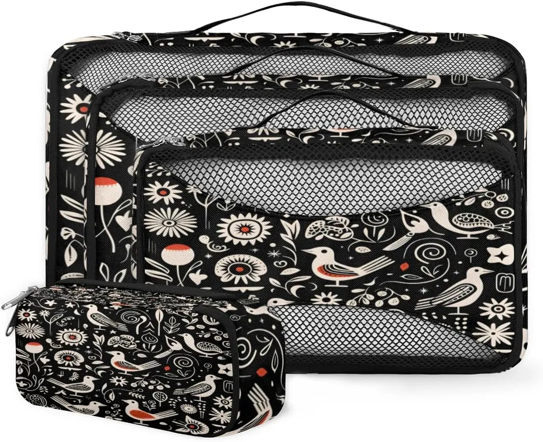 4 Set Packing Cubes for Suitcases, Travel Essentials for Carry on Luggage, Abstract Bird Suitcase Organizers for Clothes Shoes Toiletries Travel Accessories in 4 Sizes - Retro Bird