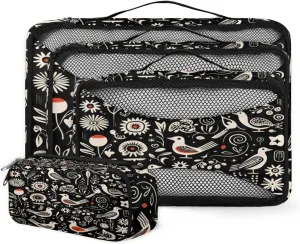 4 Set Packing Cubes for Suitcases, Travel Essentials for Carry on Luggage, Abstract Bird Suitcase Organizers for Clothes Shoes Toiletries Travel Accessories in 4 Sizes - Retro Bird