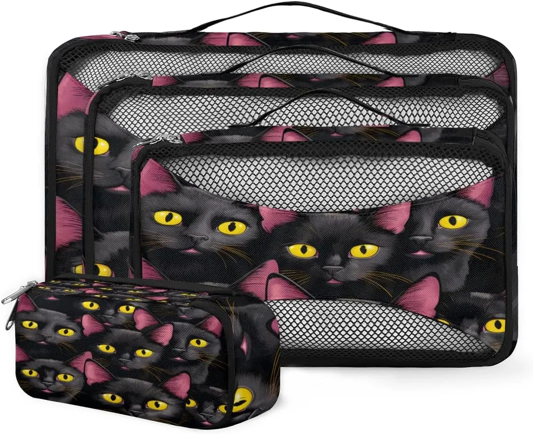 4 Set Packing Cubes for Suitcases, Travel Essentials for Carry on Luggage, Abstract Cat Suitcase Organizers for Clothes Shoes Toiletries Travel Accessories in 4 Sizes - Cute Cat