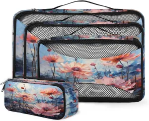 4 Set Packing Cubes for Suitcases, Travel Essentials for Carry on Luggage, Abstract Flower Suitcase Organizers for Clothes Shoes Toiletries Travel Accessories in 4 Sizes - Beautiful Flower