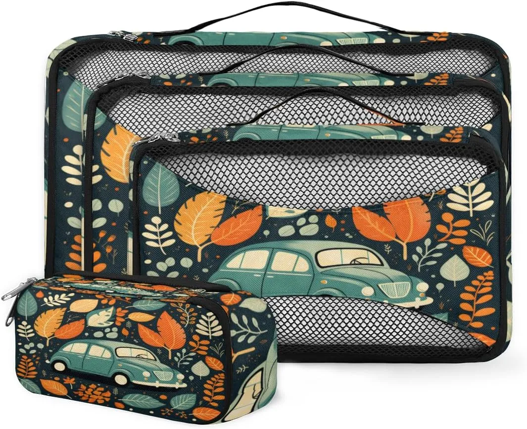 4 Set Packing Cubes for Suitcases, Travel Essentials for Carry on Luggage, Abstract Truck Suitcase Organizers for Clothes Shoes Toiletries Travel Accessories in 4 Sizes - Autumn Truck