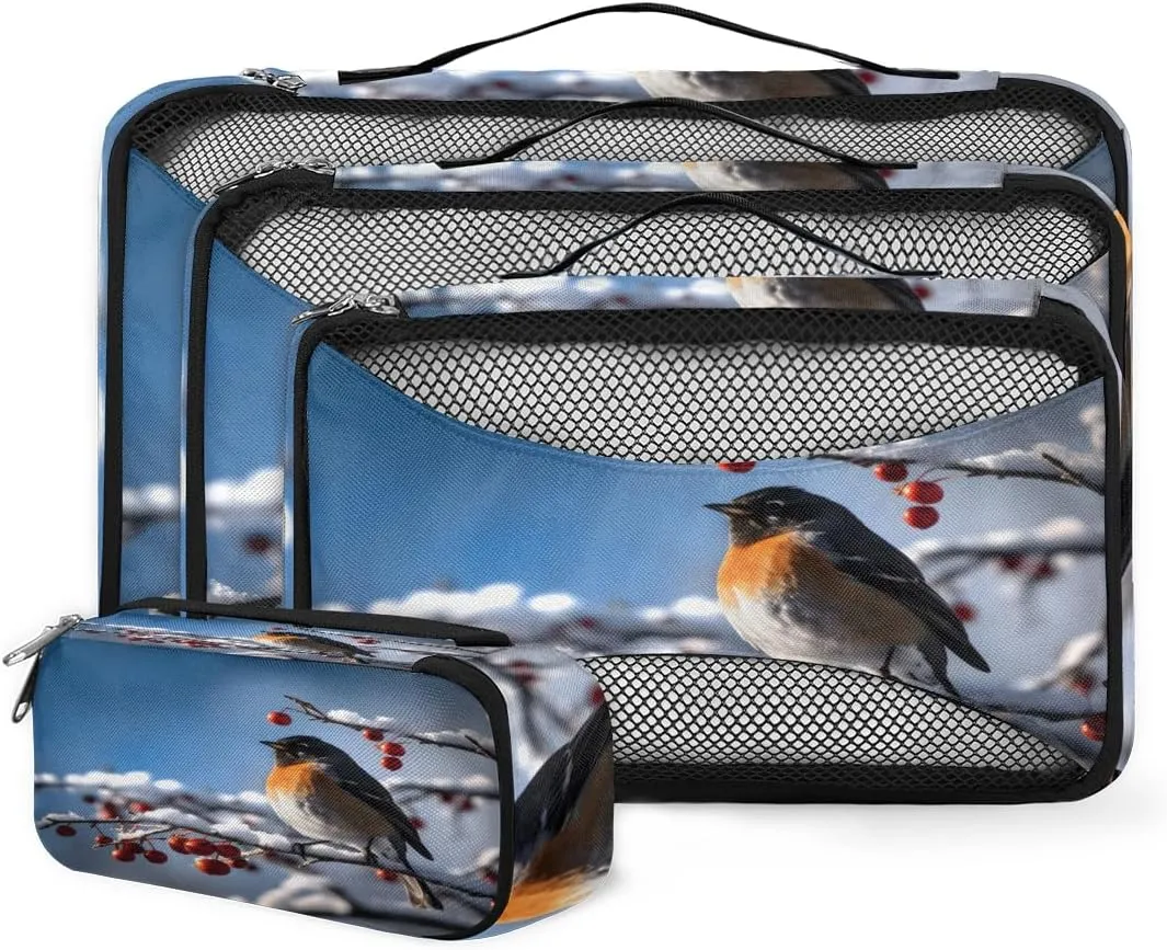 4 Set Packing Cubes for Suitcases, Travel Essentials for Carry on Luggage, Artistic Bird Suitcase Organizers for Clothes Shoes Toiletries Travel Accessories in 4 Sizes - Cute Bird