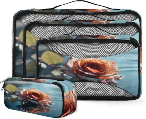 4 Set Packing Cubes for Suitcases, Travel Essentials for Carry on Luggage, Artistic Flower Suitcase Organizers for Clothes Shoes Toiletries Travel Accessories in 4 Sizes - Rose Flower