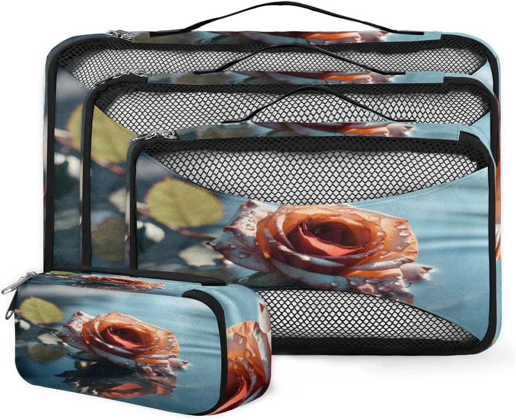 4 Set Packing Cubes for Suitcases, Travel Essentials for Carry on Luggage, Artistic Flower Suitcase Organizers for Clothes Shoes Toiletries Travel Accessories in 4 Sizes - Rose Flower