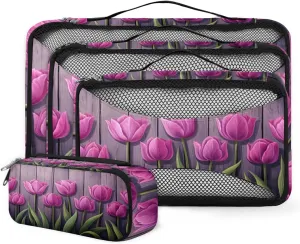 4 Set Packing Cubes for Suitcases, Travel Essentials for Carry on Luggage, Artistic Tulips Suitcase Organizers for Clothes Shoes Toiletries Travel Accessories in 4 Sizes - Colorful Tulips