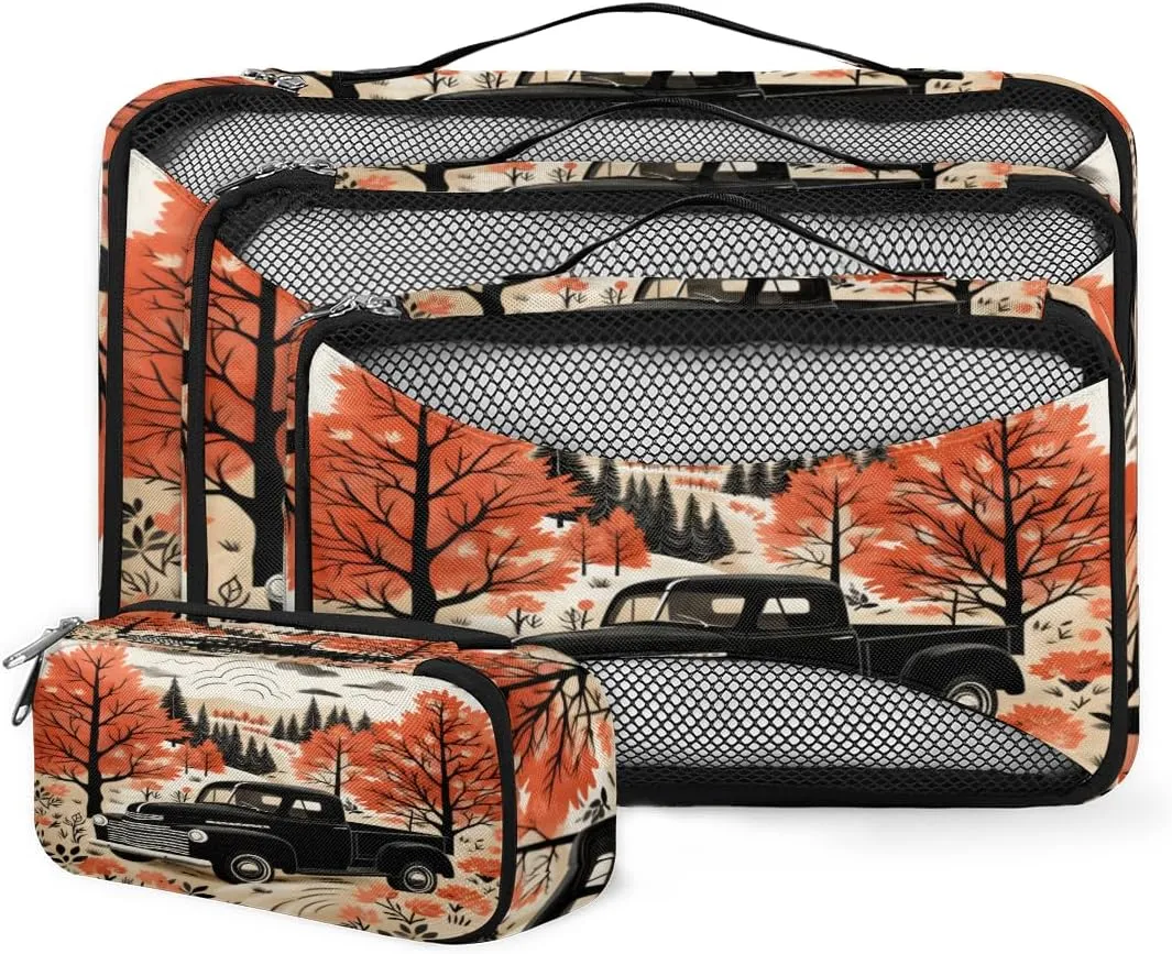 4 Set Packing Cubes for Suitcases, Travel Essentials for Carry on Luggage, Autumn Suitcase Organizers for Clothes Shoes Toiletries Travel Accessories in 4 Sizes - Retro Truck