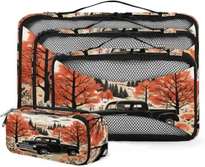 4 Set Packing Cubes for Suitcases, Travel Essentials for Carry on Luggage, Autumn Suitcase Organizers for Clothes Shoes Toiletries Travel Accessories in 4 Sizes - Retro Truck