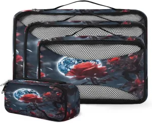 4 Set Packing Cubes for Suitcases, Travel Essentials for Carry on Luggage, Beautiful Flower Suitcase Organizers for Clothes Shoes Toiletries Travel Accessories in 4 Sizes - Abstract Flower