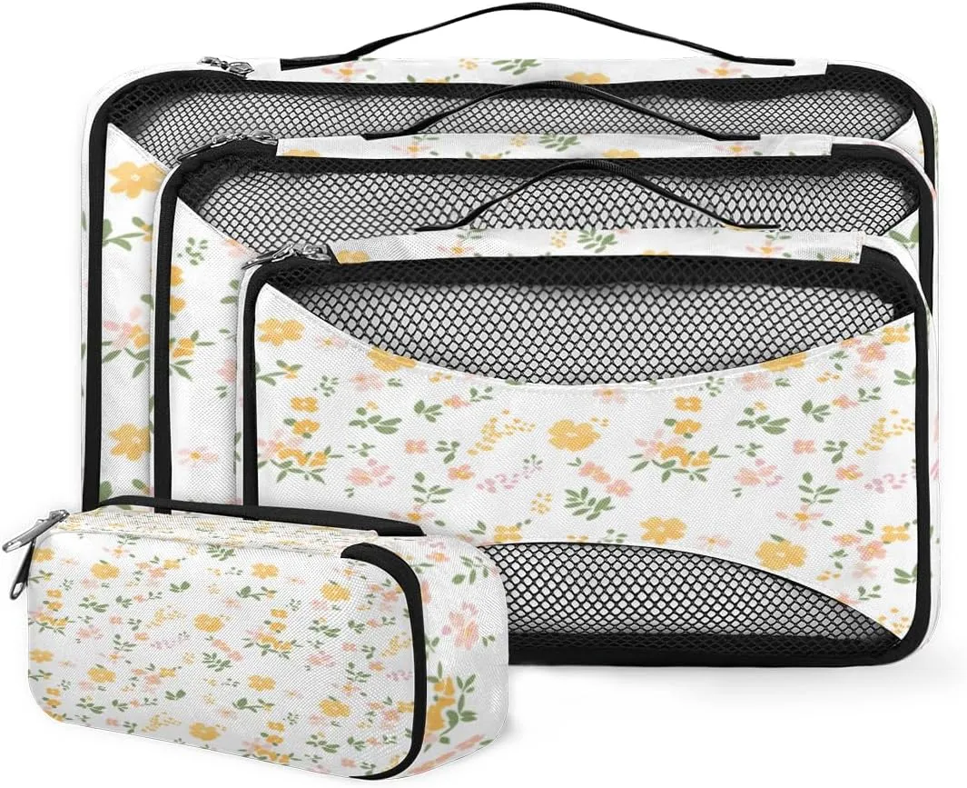 4 Set Packing Cubes for Suitcases, Travel Essentials for Carry on Luggage, Beautiful Flowers Suitcase Organizers for Clothes Shoes Toiletries Travel Accessories in 4 Sizes - Fantastic Flowers