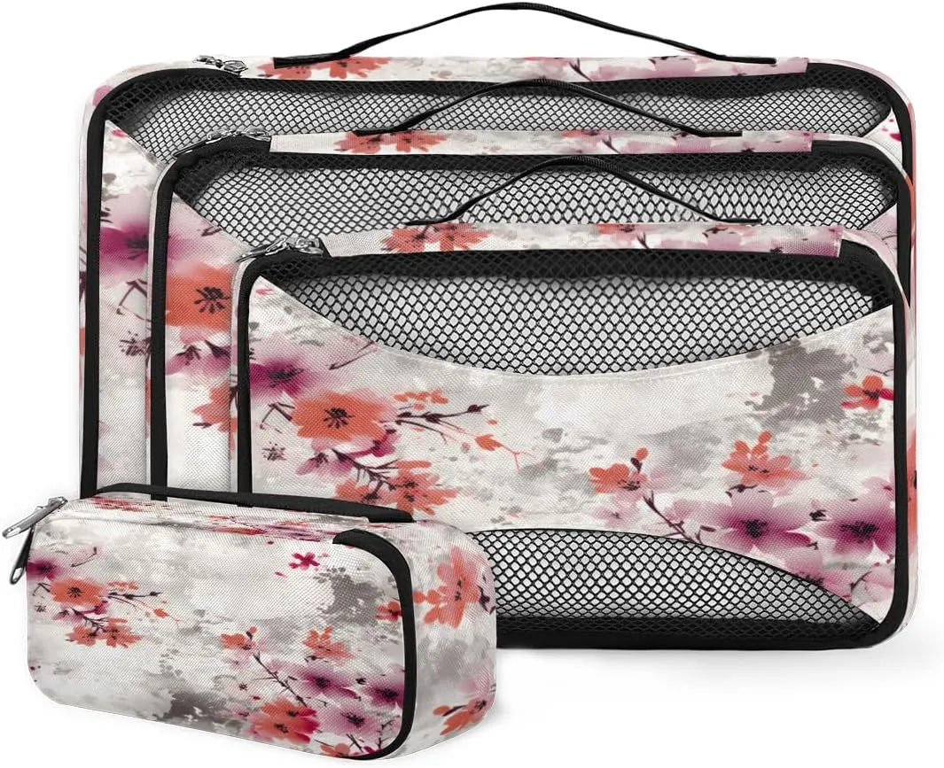 4 Set Packing Cubes for Suitcases, Travel Essentials for Carry on Luggage, Beautiful Flowers Suitcase Organizers for Clothes Shoes Toiletries Travel Accessories in 4 Sizes - Magical Flowers