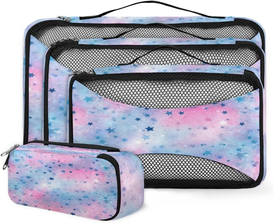 4 Set Packing Cubes for Suitcases, Travel Essentials for Carry on Luggage, Blue Star Suitcase Organizers for Clothes Shoes Toiletries Travel Accessories in 4 Sizes - Glitter
