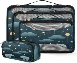4 Set Packing Cubes for Suitcases, Travel Essentials for Carry on Luggage, Bright Elephant Suitcase Organizers for Clothes Shoes Toiletries Travel Accessories in 4 Sizes - Cartoon Elephant