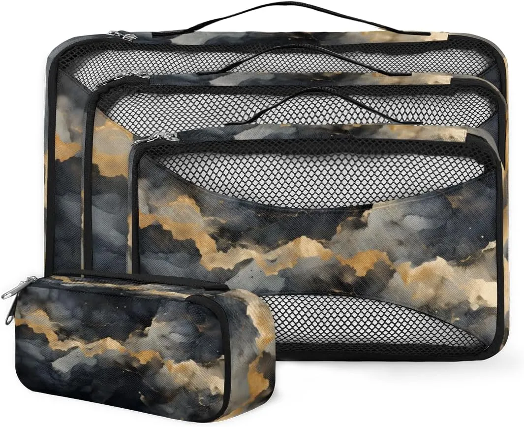 4 Set Packing Cubes for Suitcases, Travel Essentials for Carry on Luggage, Bright Marble Suitcase Organizers for Clothes Shoes Toiletries Travel Accessories in 4 Sizes - Modern Marble