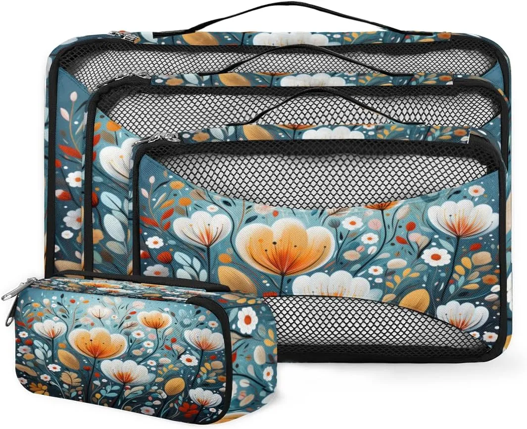 4 Set Packing Cubes for Suitcases, Travel Essentials for Carry on Luggage, Bright Tulips Suitcase Organizers for Clothes Shoes Toiletries Travel Accessories in 4 Sizes - Artistic Tulips