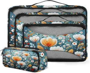 4 Set Packing Cubes for Suitcases, Travel Essentials for Carry on Luggage, Bright Tulips Suitcase Organizers for Clothes Shoes Toiletries Travel Accessories in 4 Sizes - Artistic Tulips