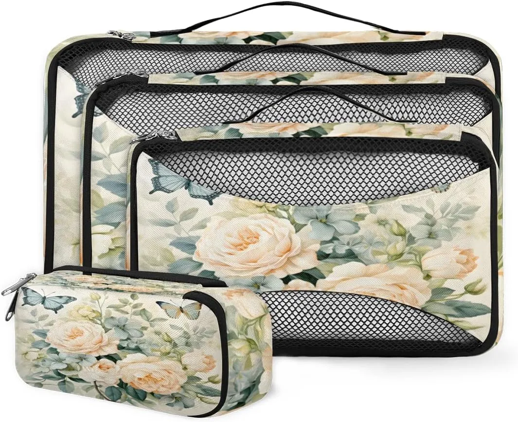4 Set Packing Cubes for Suitcases, Travel Essentials for Carry on Luggage, Butterfly Flower Suitcase Organizers for Clothes Shoes Toiletries Travel Accessories in 4 Sizes - Dreamy Flower
