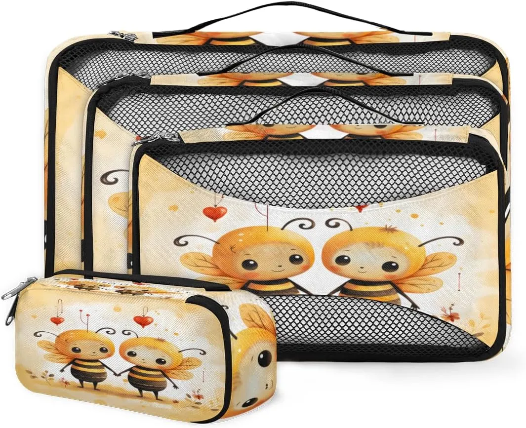 4 Set Packing Cubes for Suitcases, Travel Essentials for Carry on Luggage, Cartoon Bee Suitcase Organizers for Clothes Shoes Toiletries Travel Accessories in 4 Sizes - Honey Bee