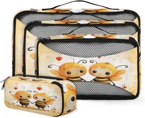 4 Set Packing Cubes for Suitcases, Travel Essentials for Carry on Luggage, Cartoon Bee Suitcase Organizers for Clothes Shoes Toiletries Travel Accessories in 4 Sizes - Honey Bee