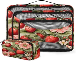4 Set Packing Cubes for Suitcases, Travel Essentials for Carry on Luggage, Cartoon Strawberry Suitcase Organizers for Clothes Shoes Toiletries Travel Accessories in 4 Sizes - Fruit Strawberry