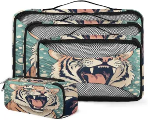 4 Set Packing Cubes for Suitcases, Travel Essentials for Carry on Luggage, Cartoon Tiger Suitcase Organizers for Clothes Shoes Toiletries Travel Accessories in 4 Sizes - Angry Tiger