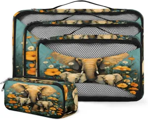 4 Set Packing Cubes for Suitcases, Travel Essentials for Carry on Luggage, Colorful Elephant Suitcase Organizers for Clothes Shoes Toiletries Travel Accessories in 4 Sizes - Cartoon Elephant
