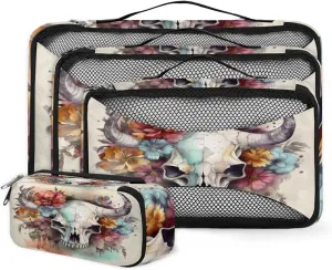 4 Set Packing Cubes for Suitcases, Travel Essentials for Carry on Luggage, Colorful Florals Suitcase Organizers for Clothes Shoes Toiletries Travel Accessories in 4 Sizes - Skull